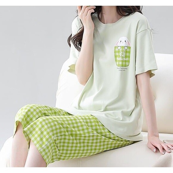 New Cotton Women Capri Pajama Set 2 Pcs Short Sleeve Top Capris pants Sleepwear - Picture 8 of 10